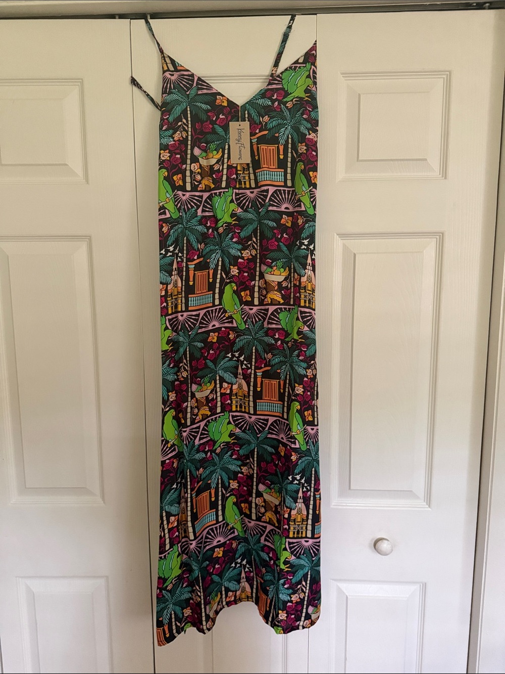 Kenny Flowers Black Tropical Print Slip Dress with Green & Pink Accents